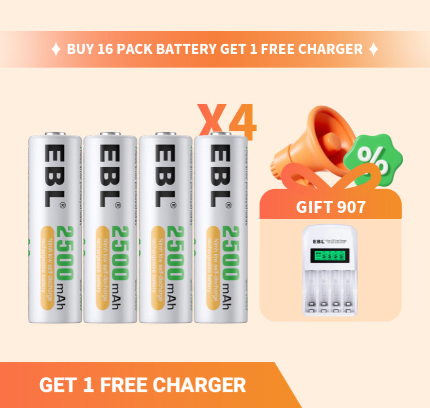 【Mid-Year Sale】EBL 16 Pack AA Rechargeable Batteries Ni-MH 1.2V 2500mAh