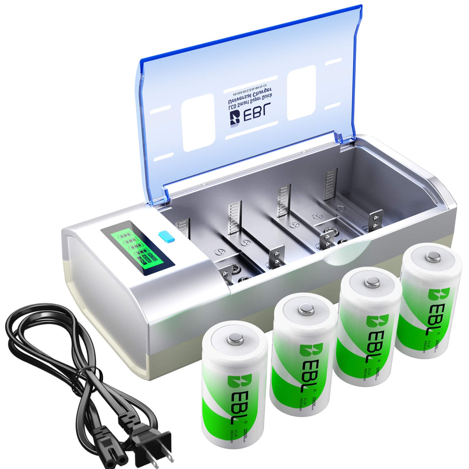 Battery charger with four EBL batteries on a white background