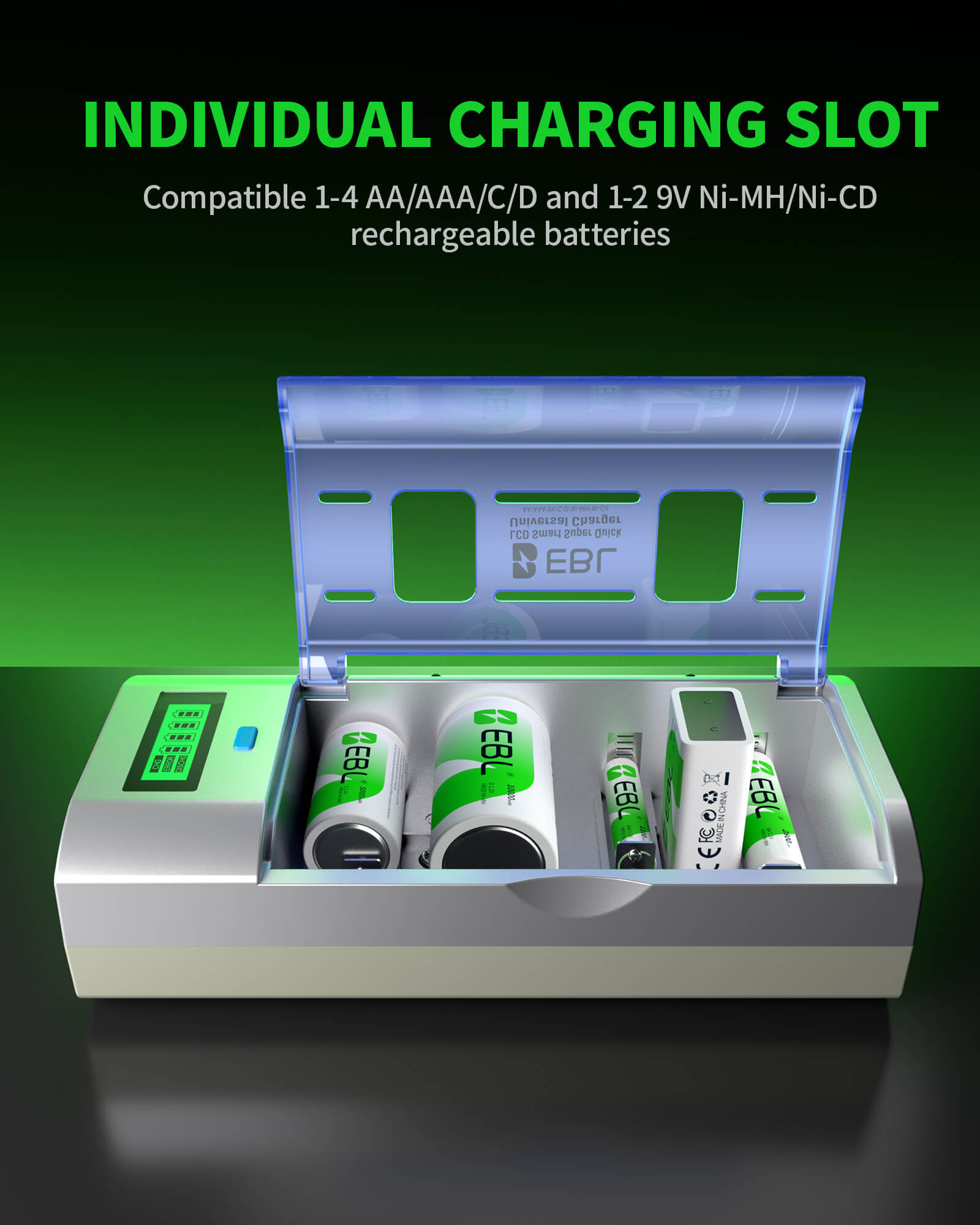EBL 906 LCD Smart Battery Charger with C D Rechargeable Batteries