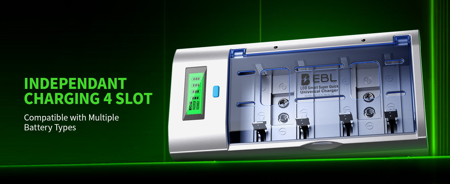 EBL battery charger with independent charging 4 slot feature on a green background