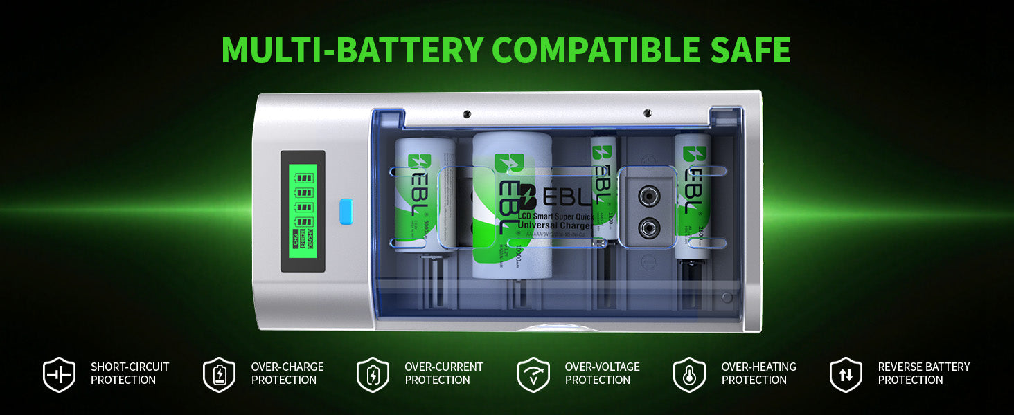 Multi-battery compatible safe with green text on a black background