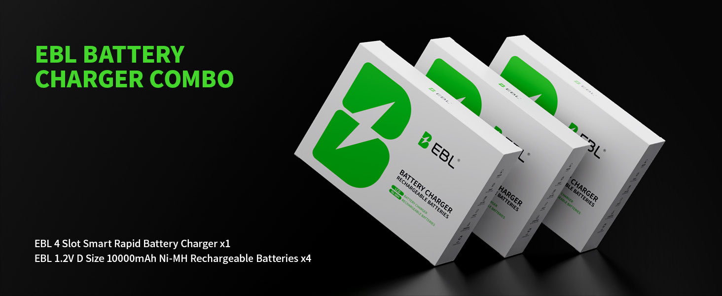 EBL battery charger combo packaging on a black background