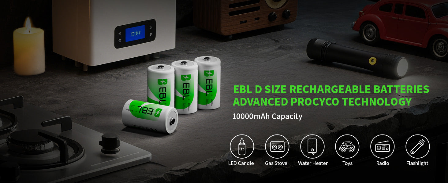 Rechargeable batteries with Procyco technology on a dark surface with appliances in the background.