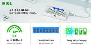 EBL 8Pcs 2300mAh AA Batteries with RM-76 8-Bay Charger