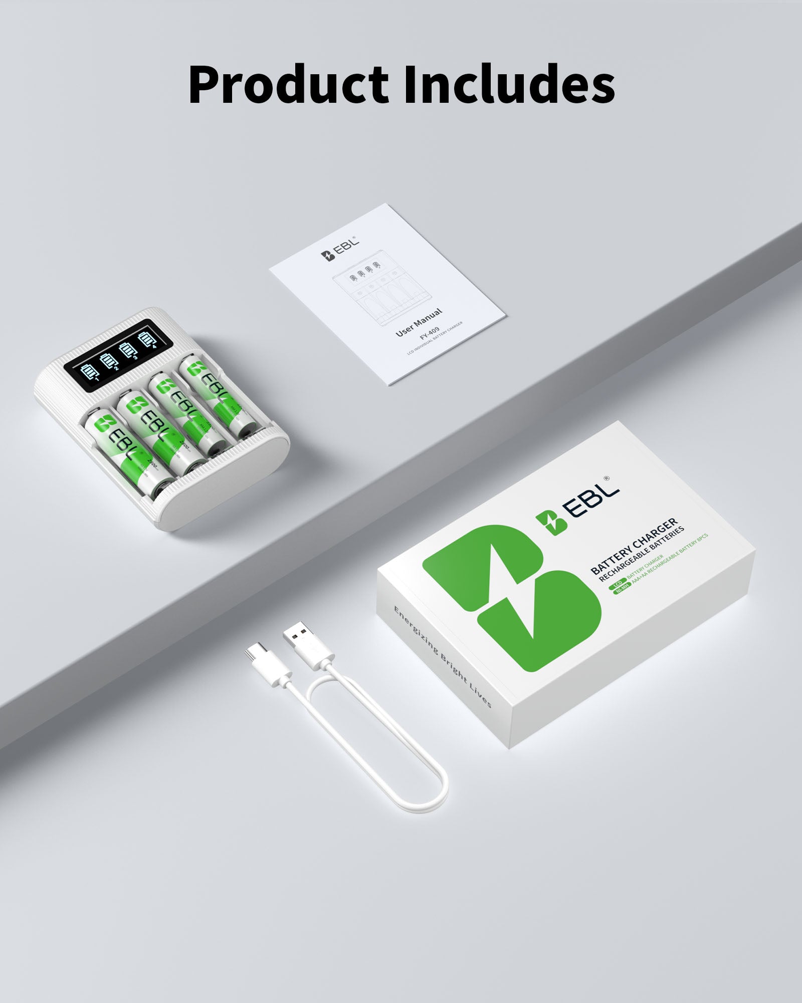EBL AA AAA Rechargeable Batteries with FY-409 4-Bay Individual LCD Charger