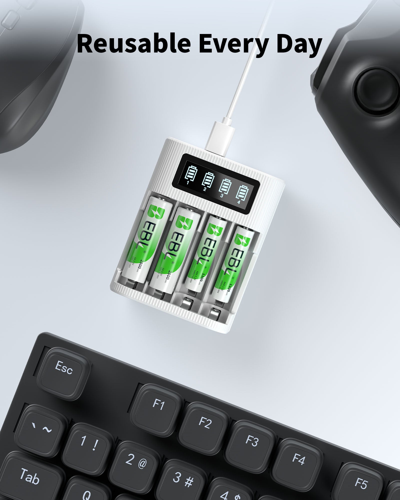 EBL AA AAA Rechargeable Batteries with FY-409 4-Bay Individual LCD Charger