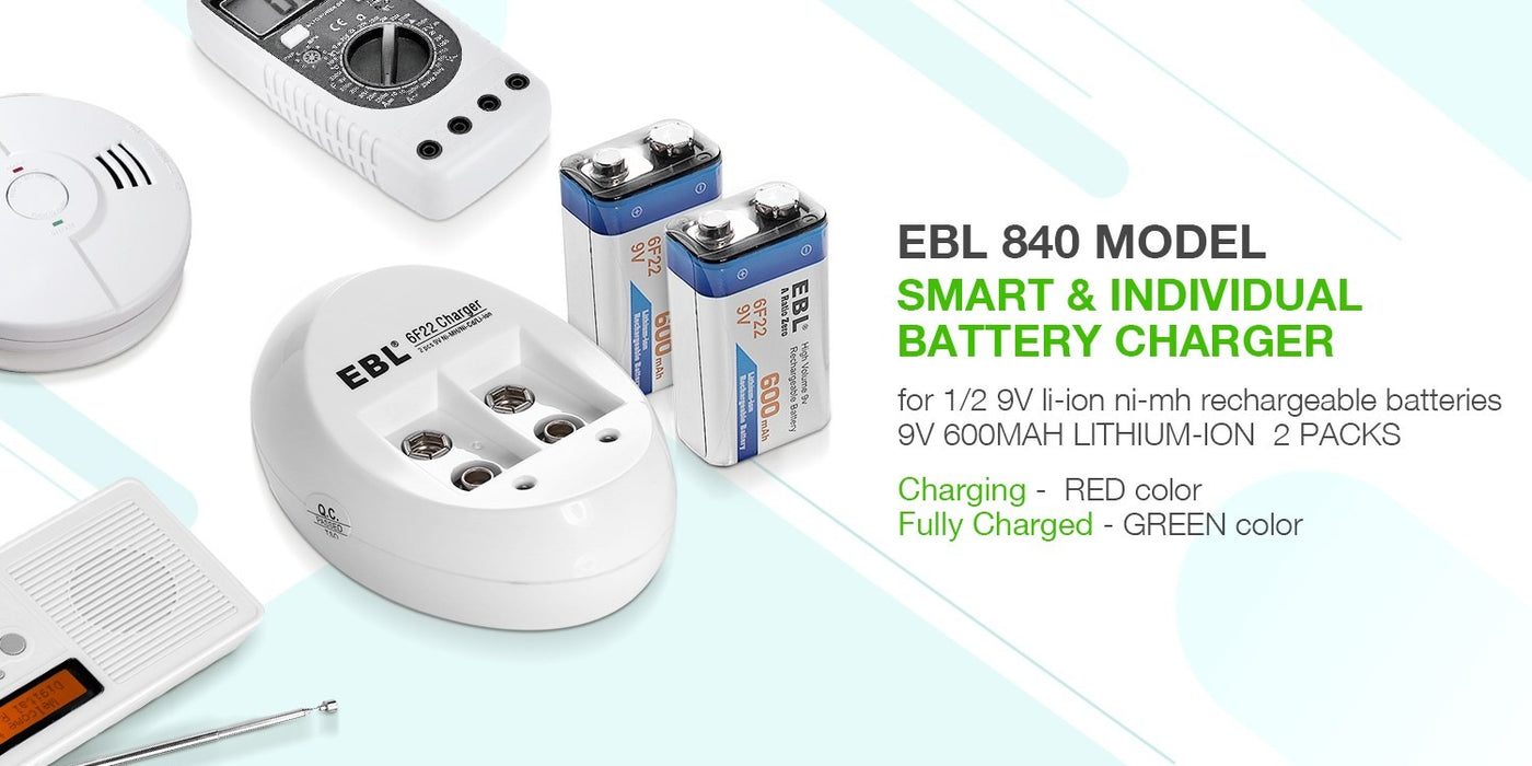 EBL 9V Li-ion Rechargeable Batteries with 9V Battery Charger