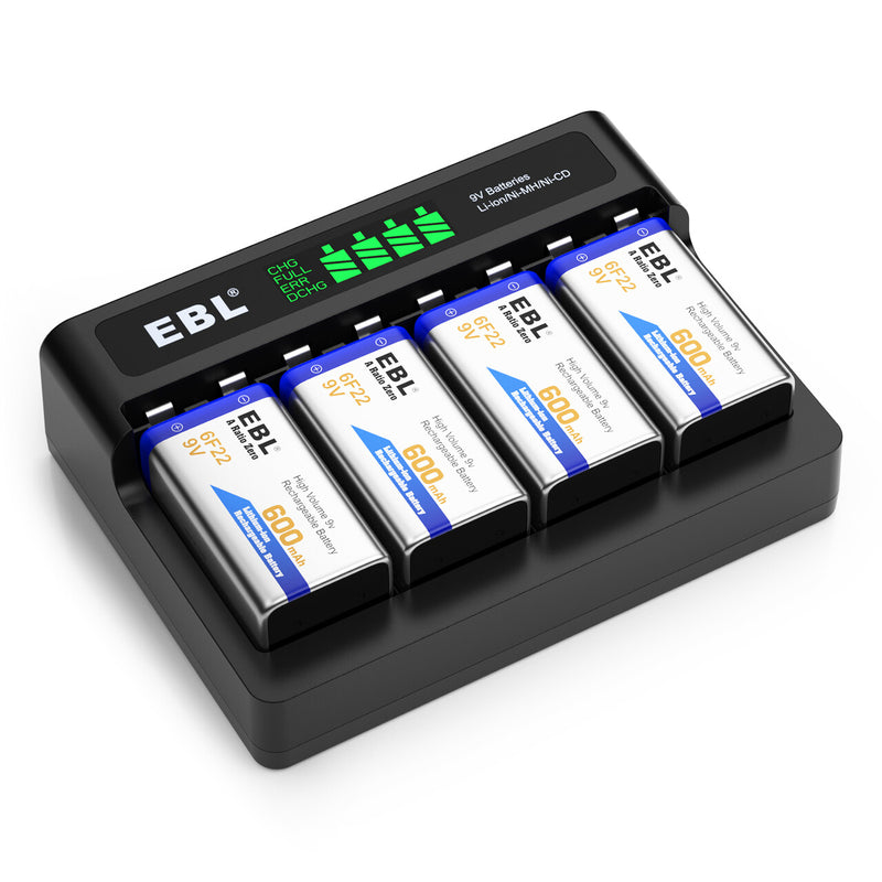 EBL Rechargeable 9V Li-ion Batteries 4-Pack with M7014LW 9V Battery Charger