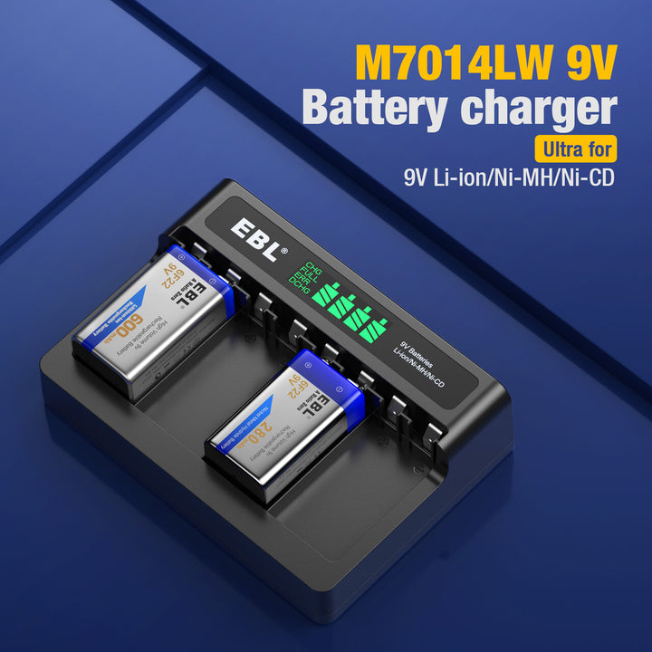 EBL Rechargeable 9V Li-ion Batteries 4-Pack with M7014LW 9V Battery Charger