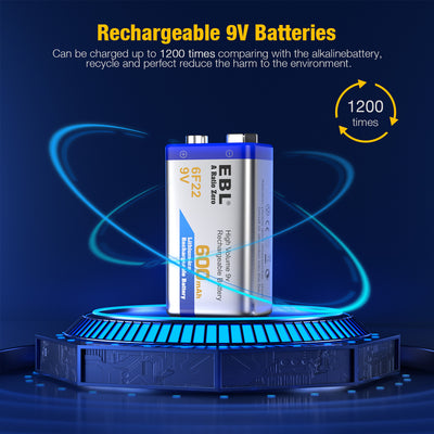 EBL Rechargeable 9V Li-ion Batteries 4-Pack with M7014LW 9V Battery Charger
