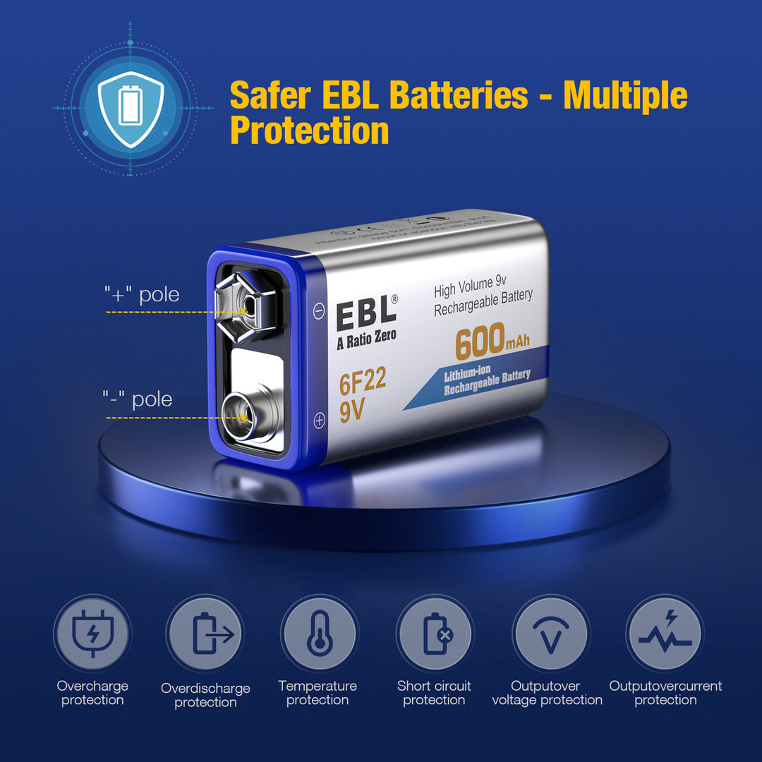 Shop EBL Rechargeable 9V Li-ion Batteries with 9V Battery Charger –  EBLOfficial