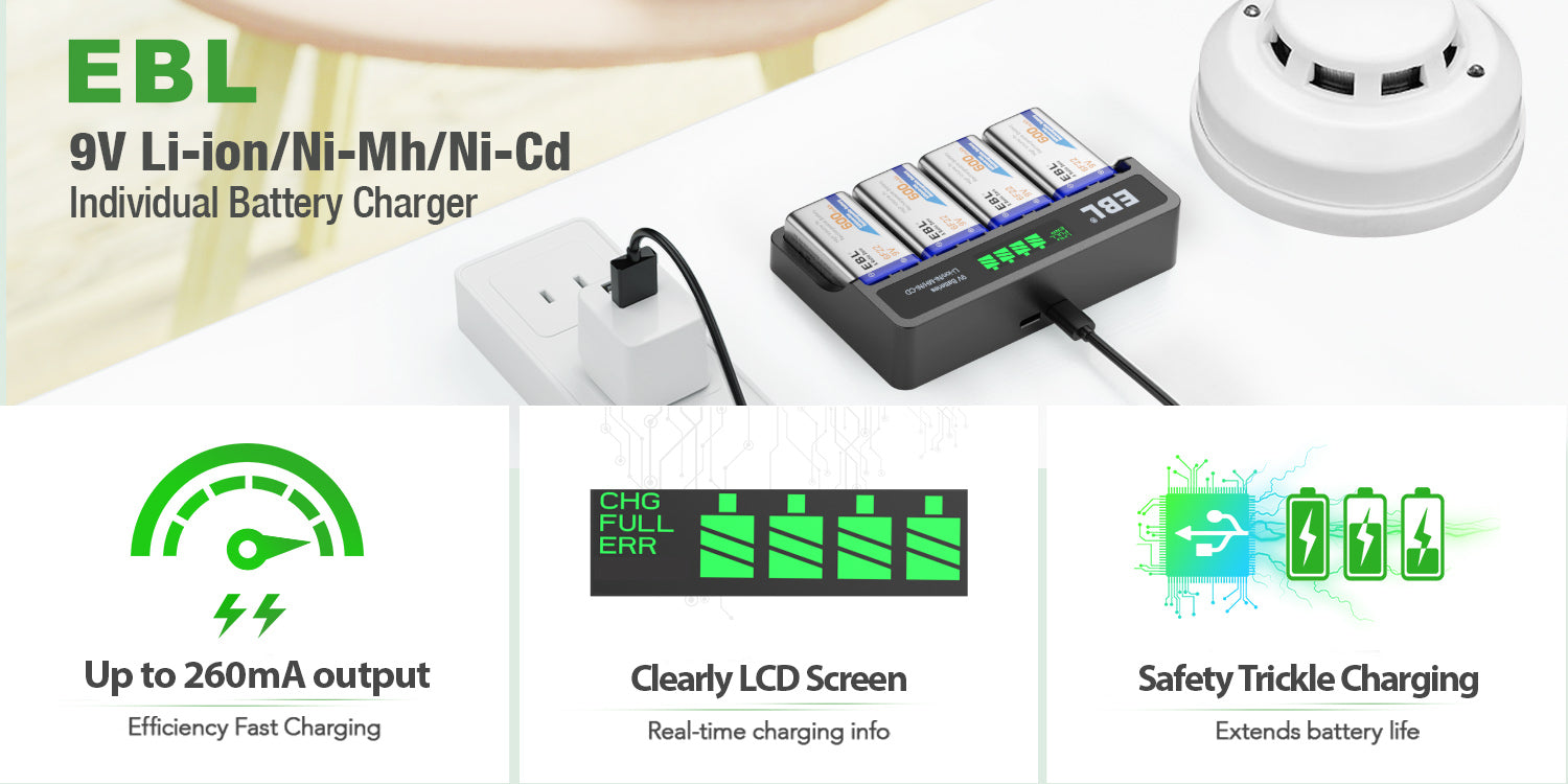 EBL LCD Chargeur de Piles 9V Rechargeables, Chargeur M7015 avec 4PCS Piles  9V Rechargeables 600mAh Li-ION, Rapide Chargeur pour 9V 6F22 Li-ION Ni-MH  Ni-CD Batteries，avec Port USB : : High-Tech