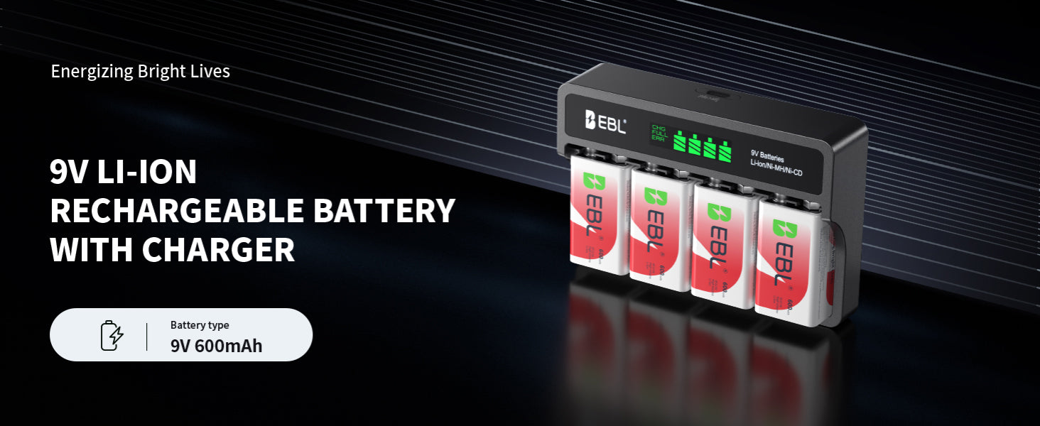 EBL 4 Packs 9V Ni-Mh/Li-Ion Batteries with M7015 Battery Charger