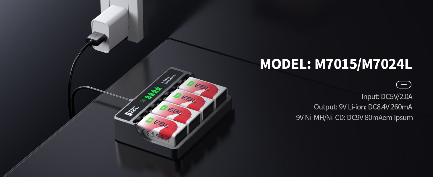 EBL 4 Packs 9V Ni-Mh/Li-Ion Batteries with M7015 Battery Charger