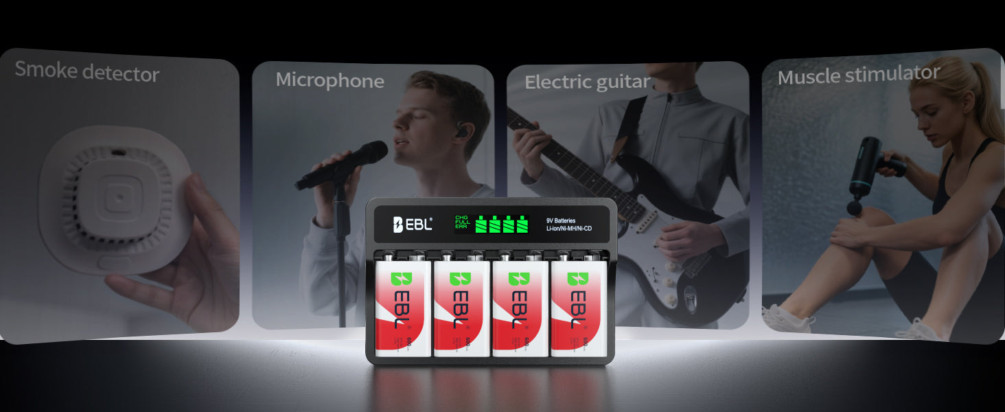 EBL 4 Packs 9V Ni-Mh/Li-Ion Batteries with M7015 Battery Charger