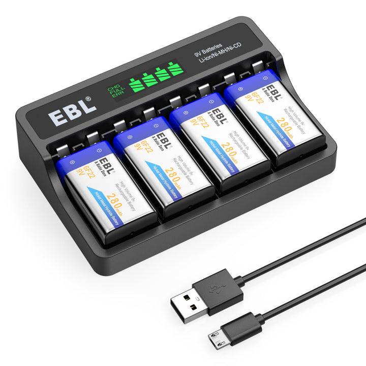 EBL 4 Packs 9V Ni-Mh Rechargeable Batteries with M7015 Battery Charger