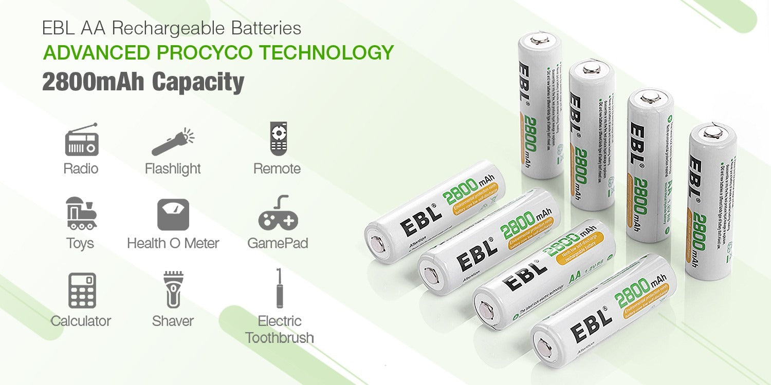  EBL AA Rechargeable Batteries,16-Pack Double A Battery (ProCyco  2800mAh) with AA AAA Battery Charger : Health & Household