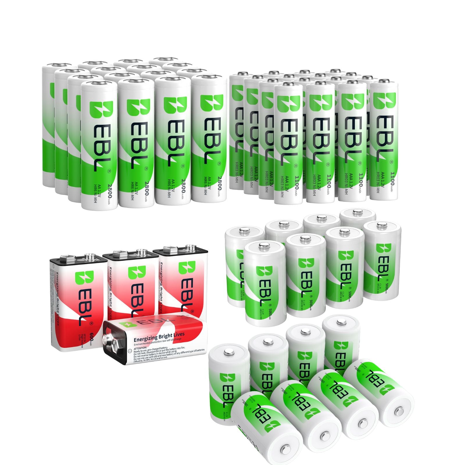 EBL Rechargeable AA AAA C D 9V Batteries Combo