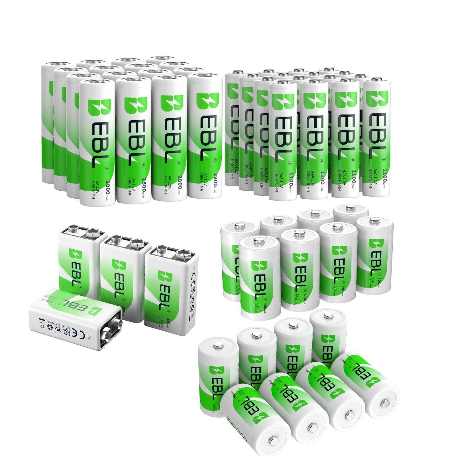 EBL Rechargeable AA AAA C D 9V Batteries Combo