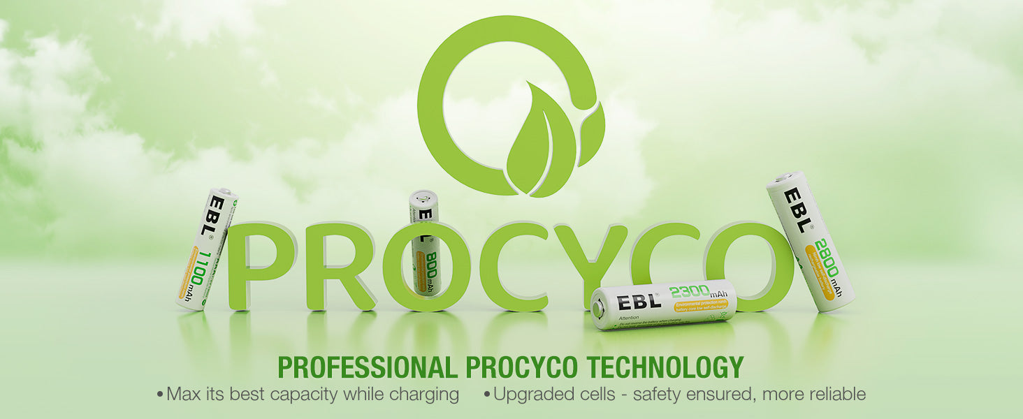 EBL rechargeable batteries featuring ProCyco technology