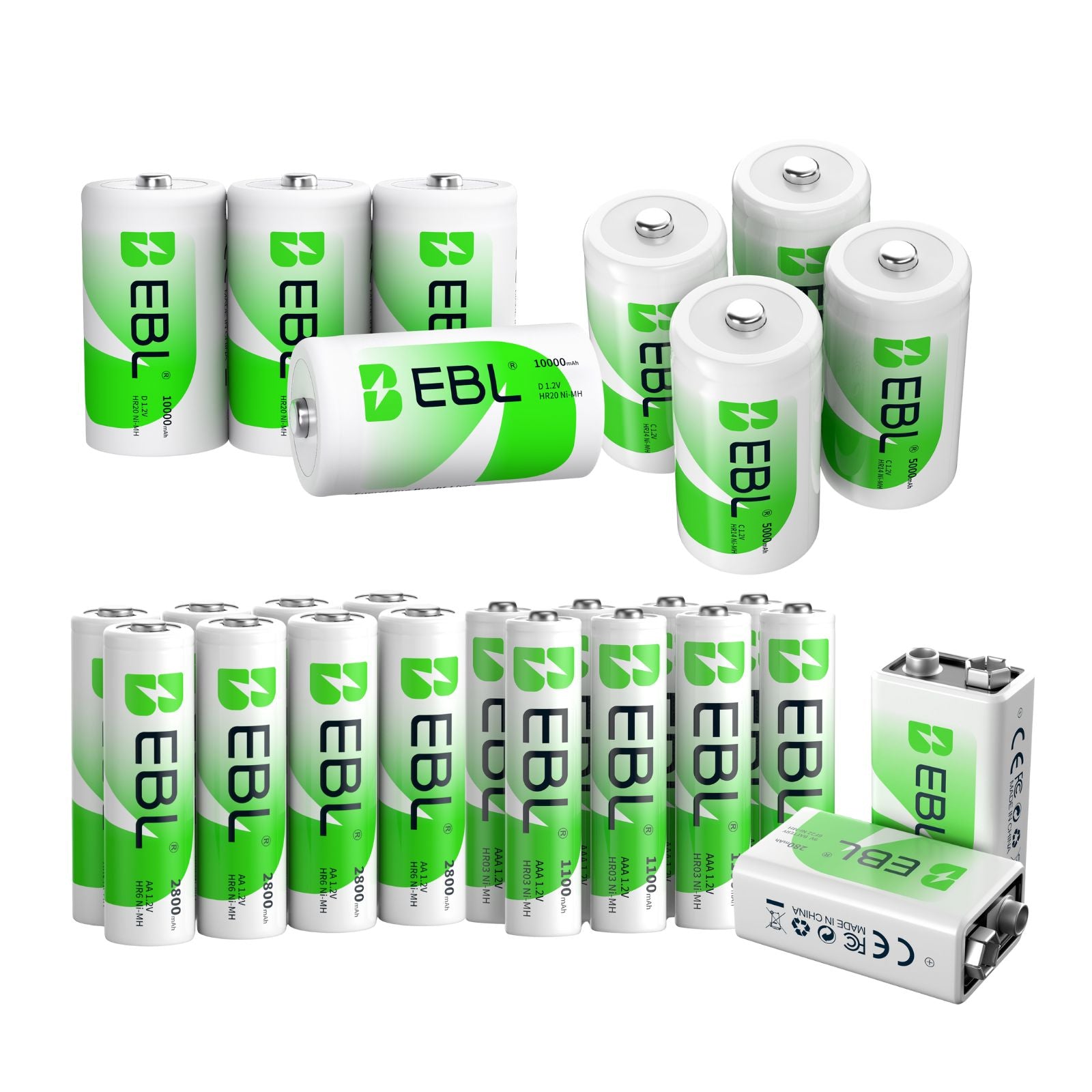 EBL Rechargeable AA AAA C D 9V Batteries Combo