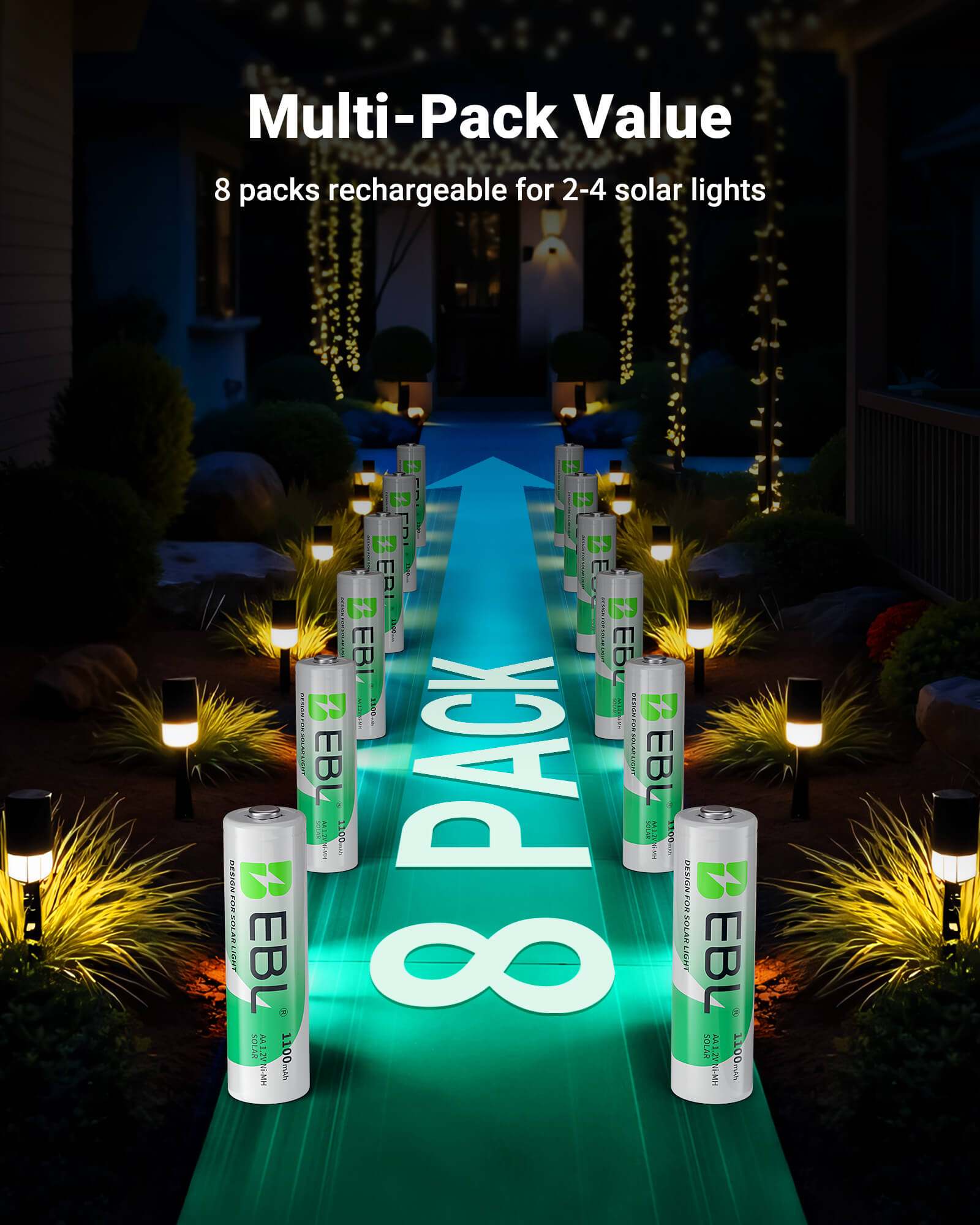 EBL 1.2V AA Rechargeable Batteries 1100mAh for Solar Garden Lights