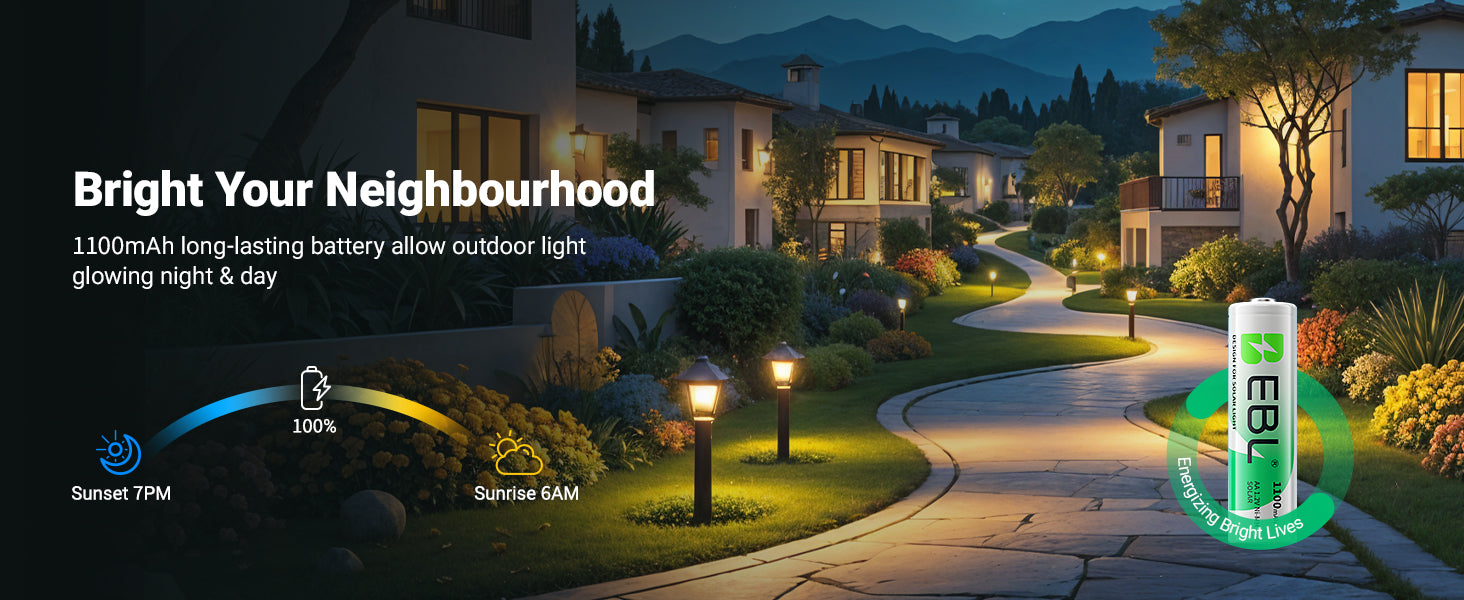 EBL AA Rechargeable Batteries 1100mAh for Solar Lights | NiMH 1.2V