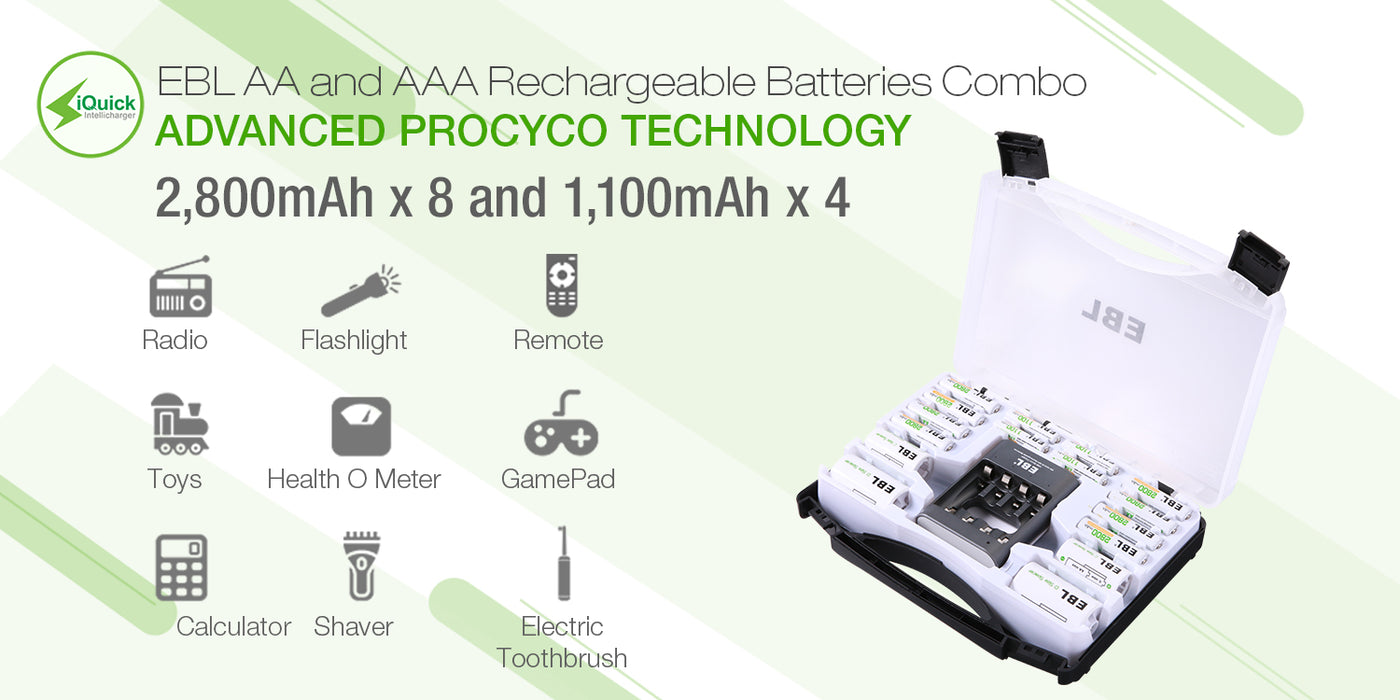 EBL Rechargeable AA AAA C D Spacer Batteries Set With C6201 Battery Charger