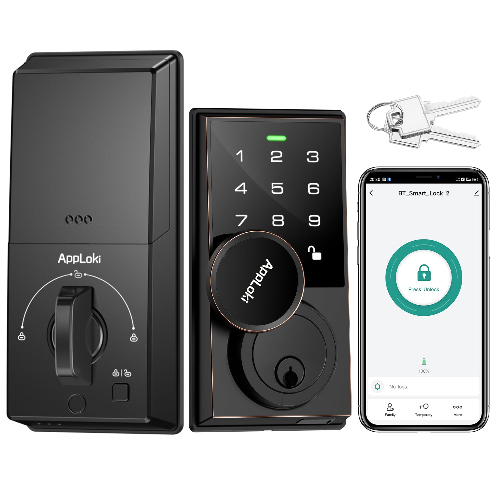 Smart lock system with keypad, keychain, and smartphone app on a white background