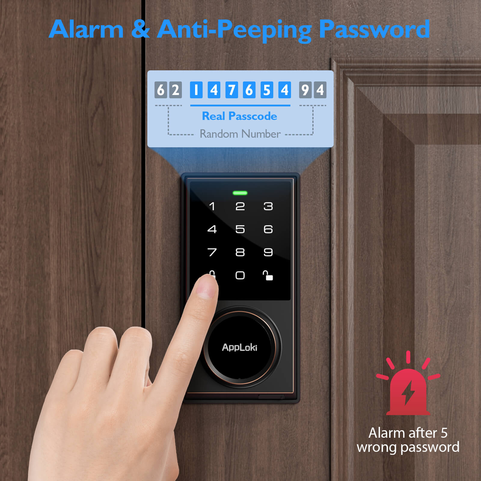 Digital door lock with keypad and password display on a wooden door, featuring AppLaki brand.