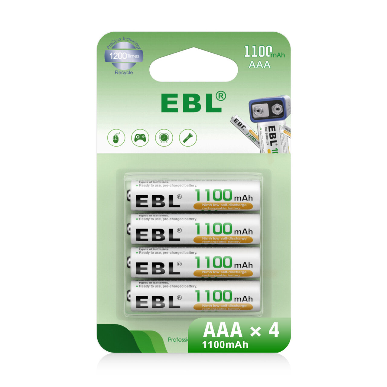 Paquete minorista de baterías AAA Ni-MH recargables EBL de 1100 mAh