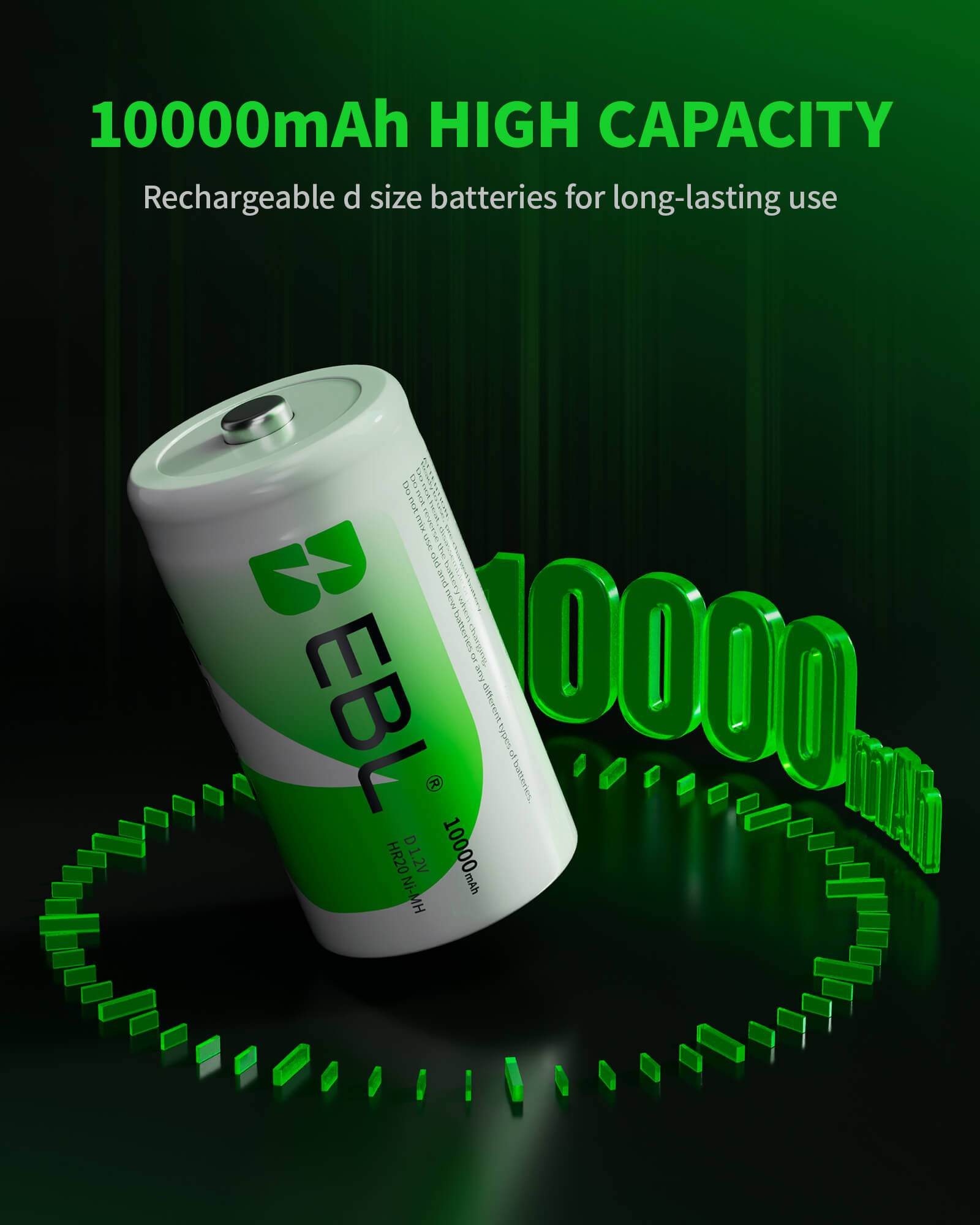EBL rechargeable d battery with 10000mAh capacity on a dark background