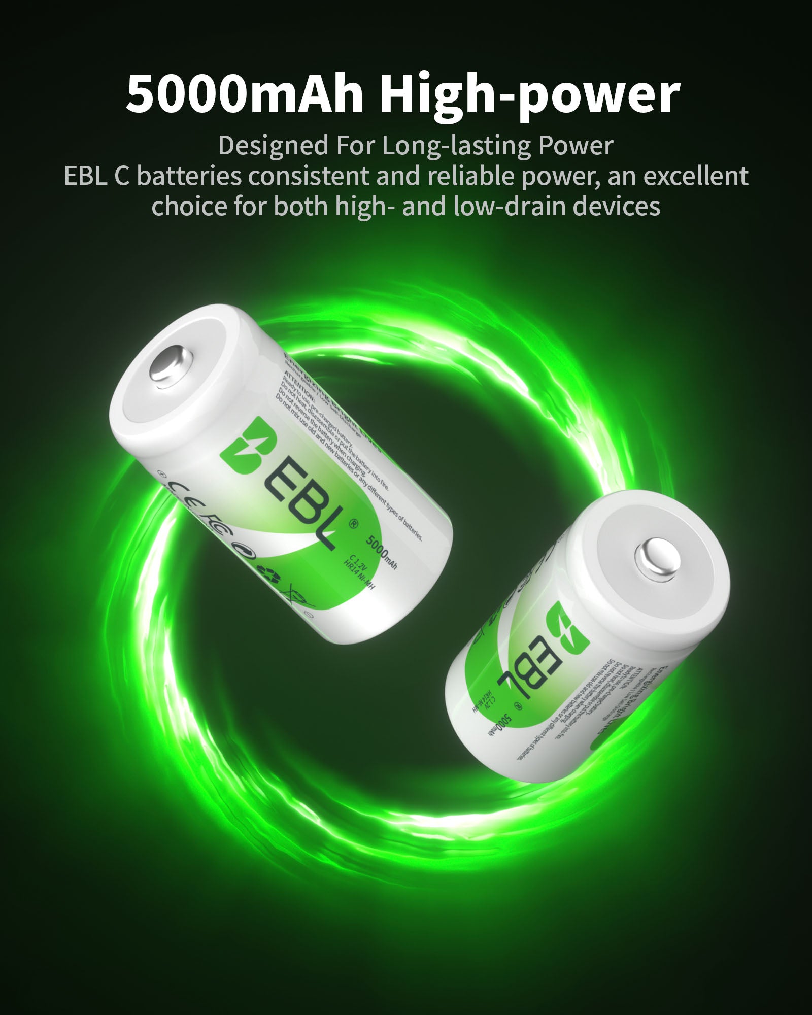 EBL Rechargeable Ni-MH C Battery Cells 5000mAh