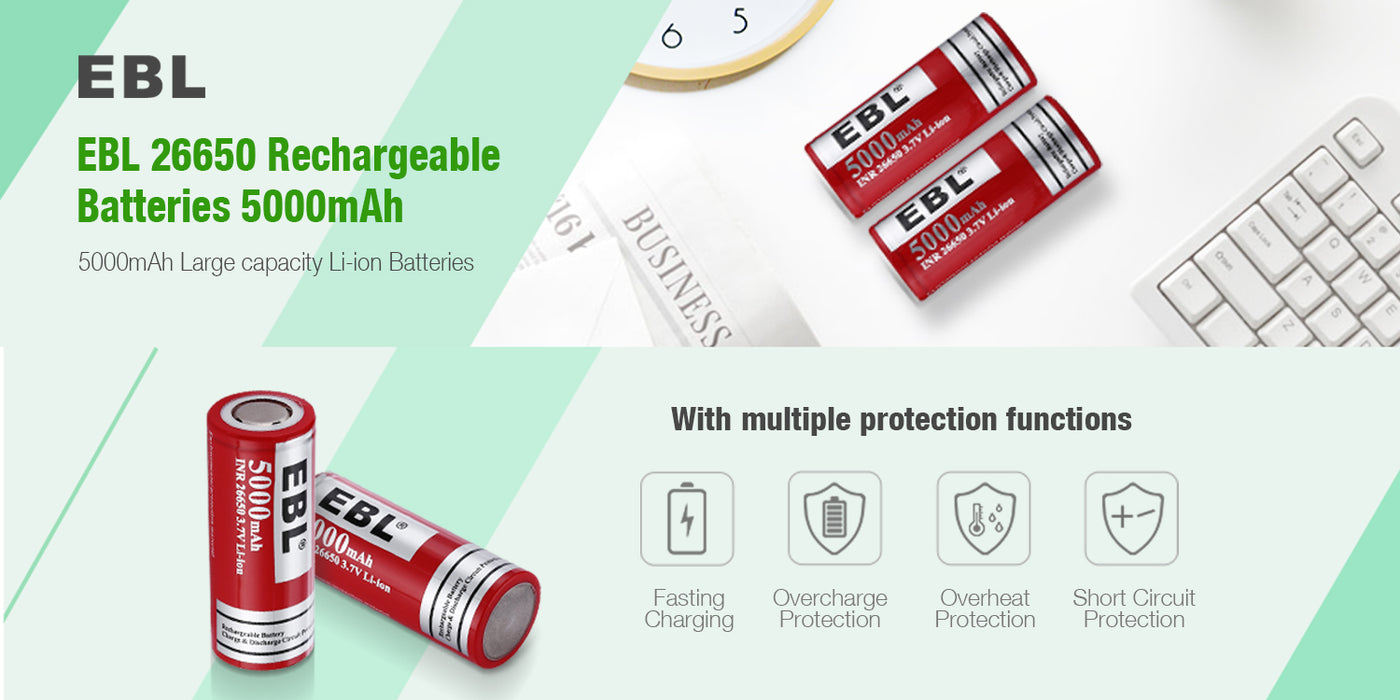 EBL INR 26650 Li-ion Rechargeable Batteries 3.7V 5000mAh