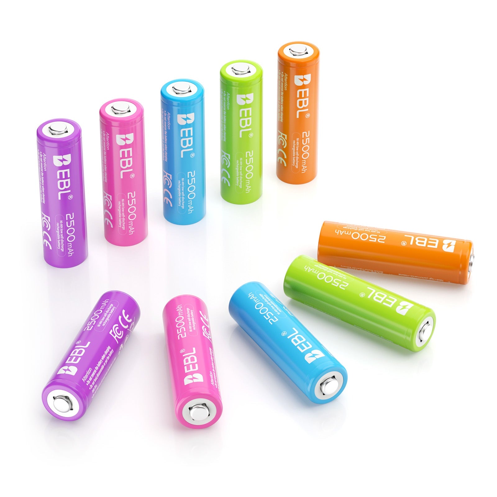 EBL 10Pcs Rainbow Colorful AA Batteries 1.2V 2500mAh