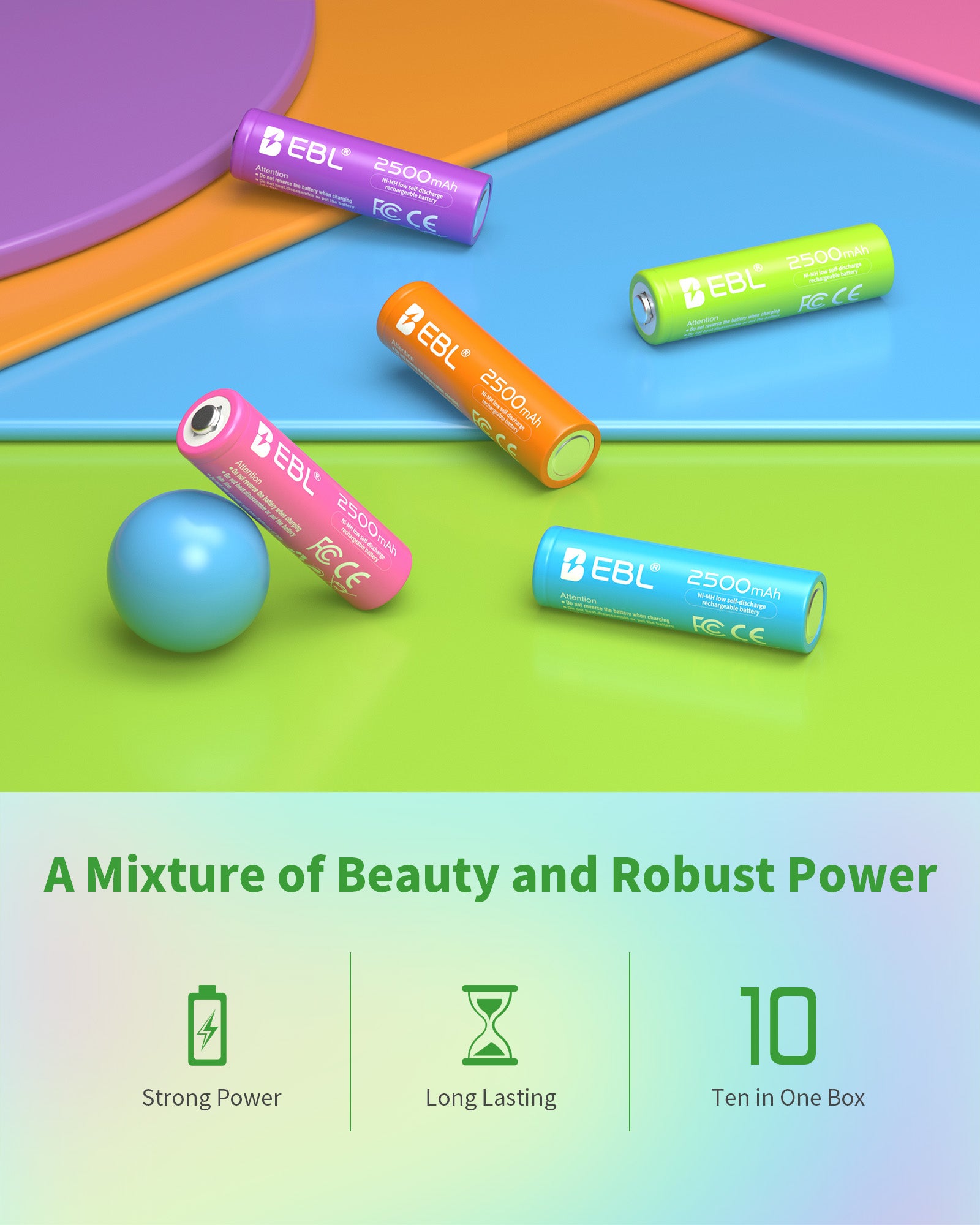 EBL 10Pcs Rainbow Colorful AA Batteries 1.2V 2500mAh