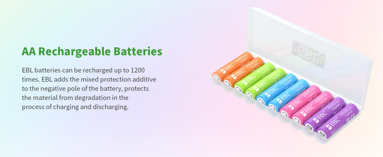 EBL 10Pcs Rainbow Colorful AA Batteries 1.2V 2500mAh