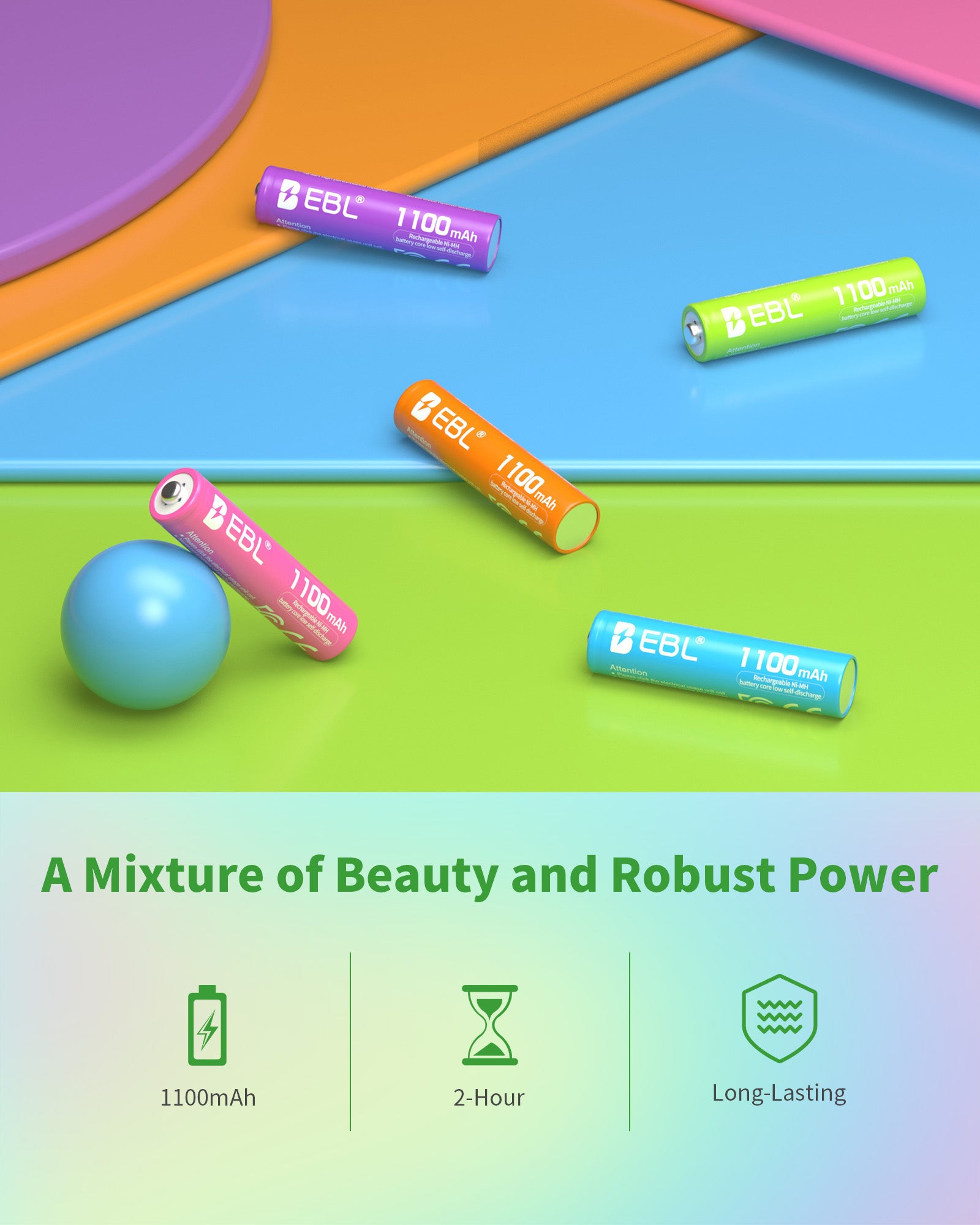 EBL 10Pcs Rainbow AAA Rechargeable Batteries 1.2V 1100mAh