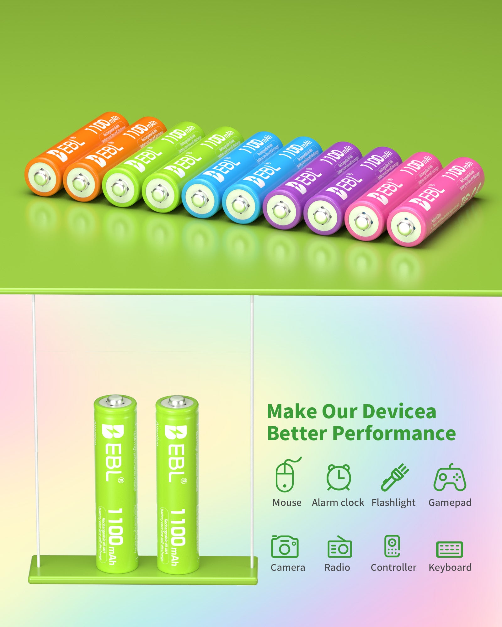 EBL 10Pcs Rainbow AAA Rechargeable Batteries 1.2V 1100mAh