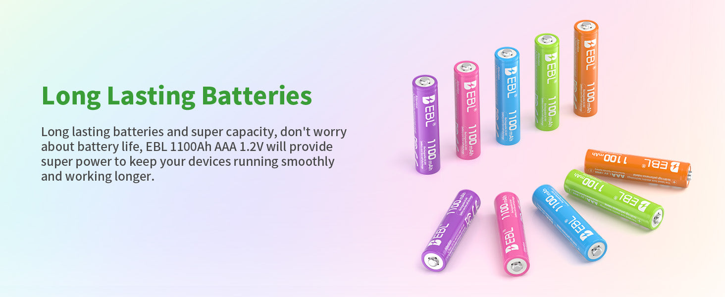 EBL 10Pcs Rainbow AAA Rechargeable Batteries 1.2V 1100mAh
