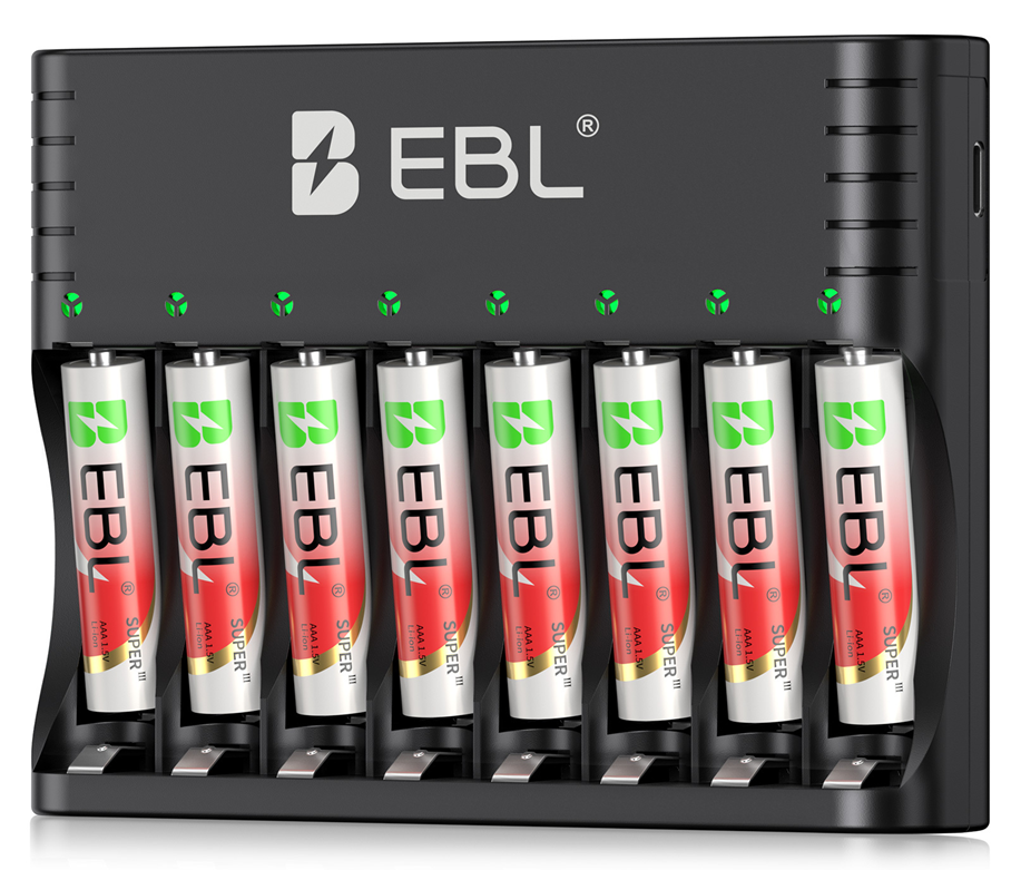 EBL 5-in-1 Smart 8 Slot Charging Bay Battery Charger for AA AAA Rechargeable Batteries, Type-C Input, Works with 1.2V Ni-MH/Ni-CD & 1.5V Lithium Rechargeable Batteries