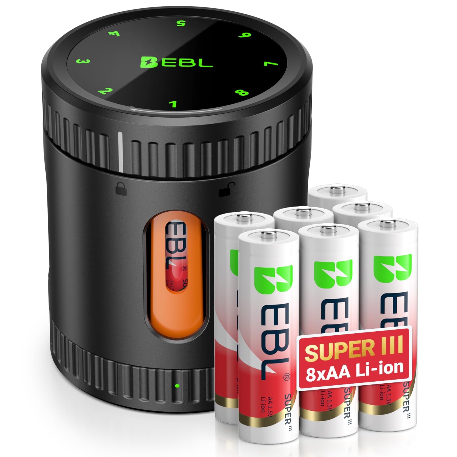 EBL battery charger with six EBL batteries on a white background