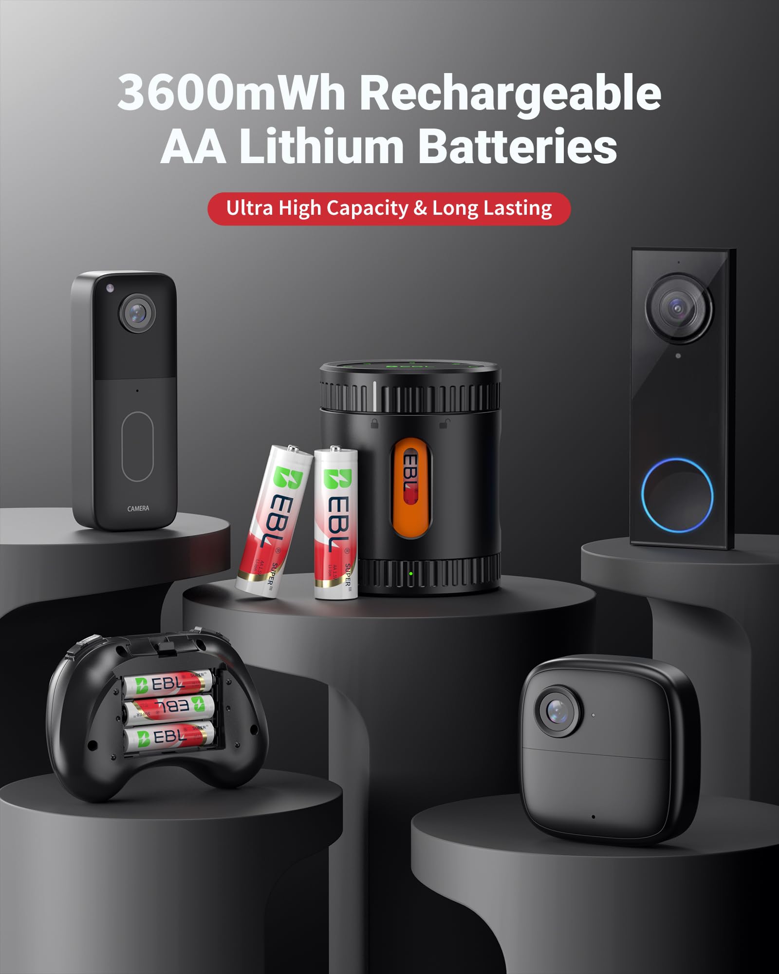 EBL rechargeable AA lithium batteries with electronic devices on a dark background