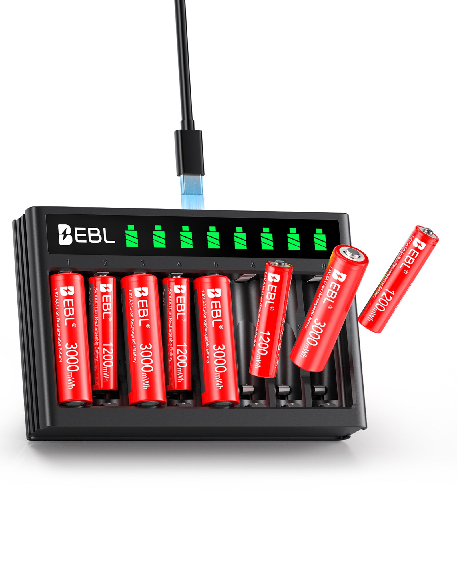 EBL 8-Bay Smart AA AAA Battery Charger with LCD Display, USB-C Charger for 1.2V Nickel and 1.5V Lithium Rechargeable Batteries