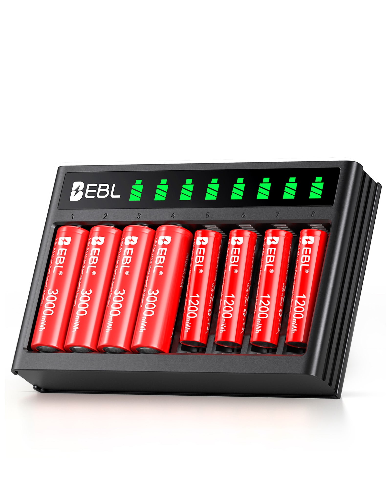 EBL 8-Bay Smart AA AAA Battery Charger with LCD Display, USB-C Charger for 1.2V Nickel and 1.5V Lithium Rechargeable Batteries