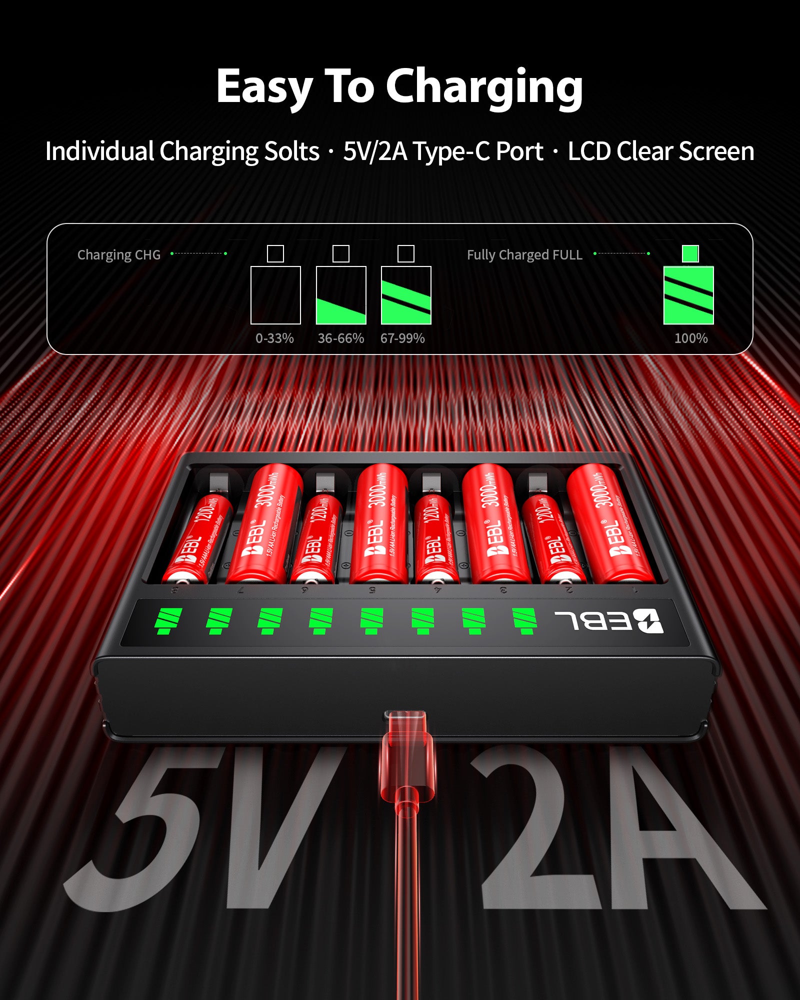 EBL 8-Bay Smart AA AAA Battery Charger with LCD Display, USB-C Charger for 1.2V Nickel and 1.5V Lithium Rechargeable Batteries