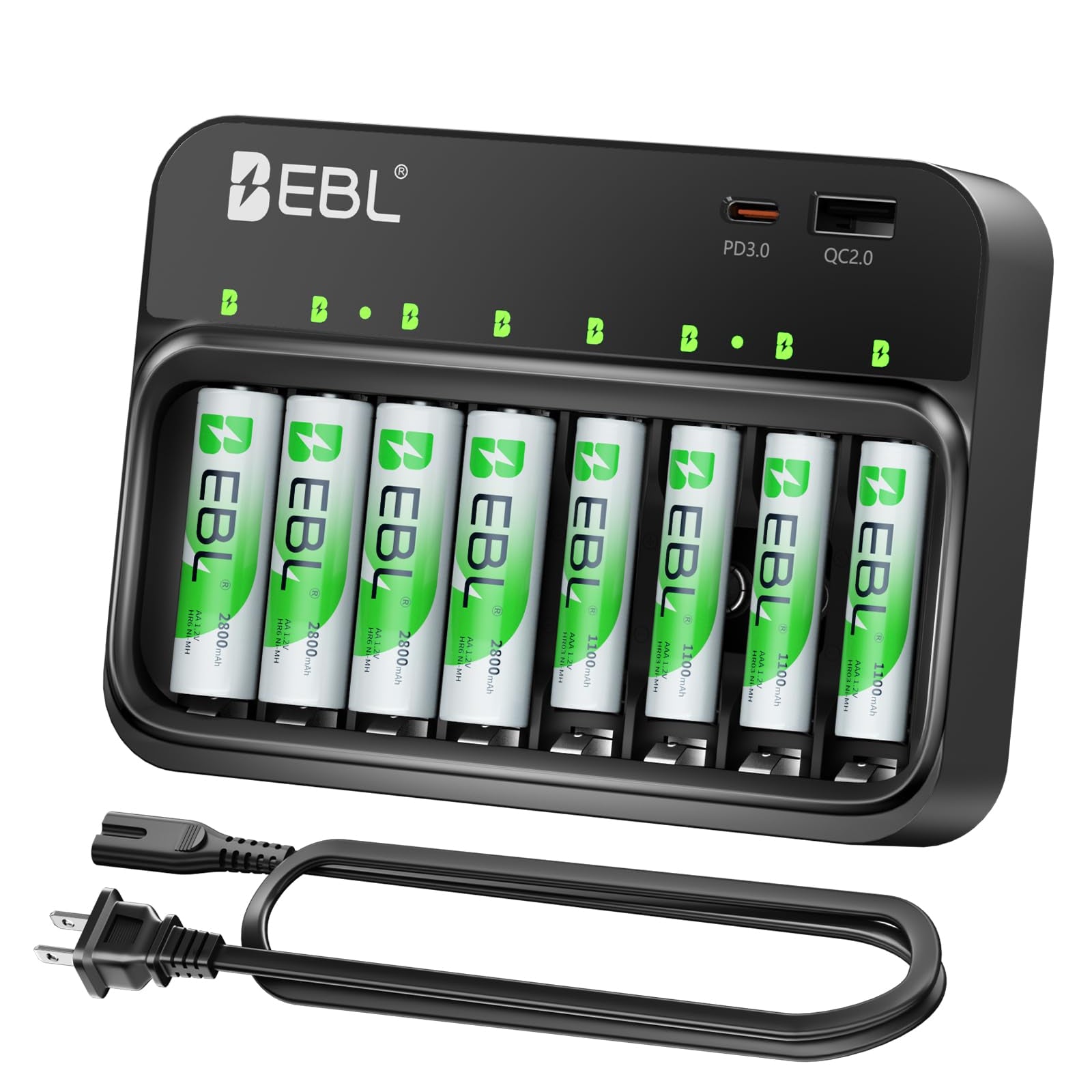 EBL battery charger with 4 AA AAA batteries and a power cord 