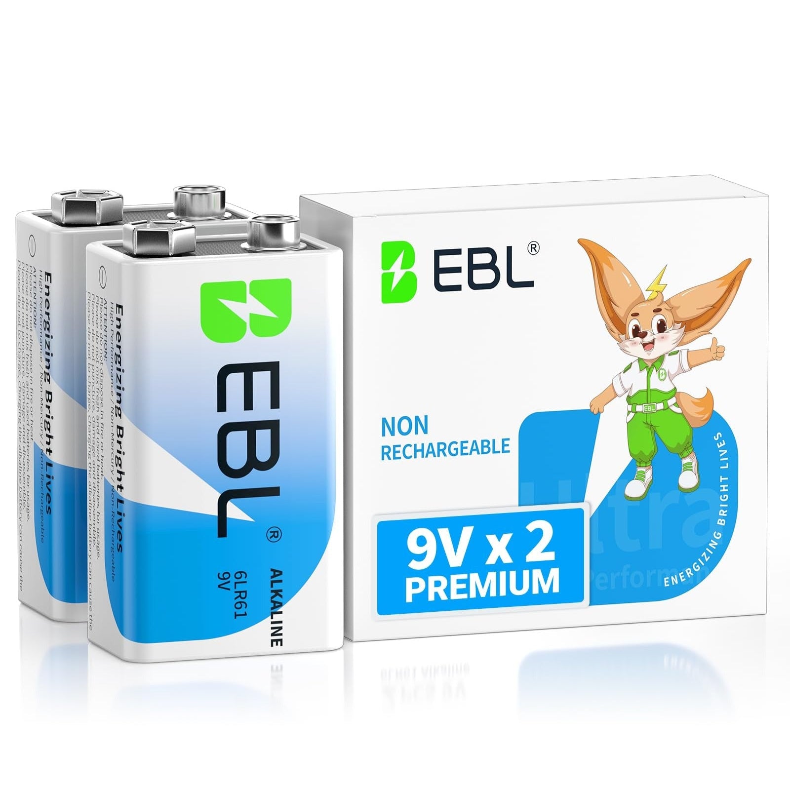 Two EBL 9V batteries and their packaging on a white background