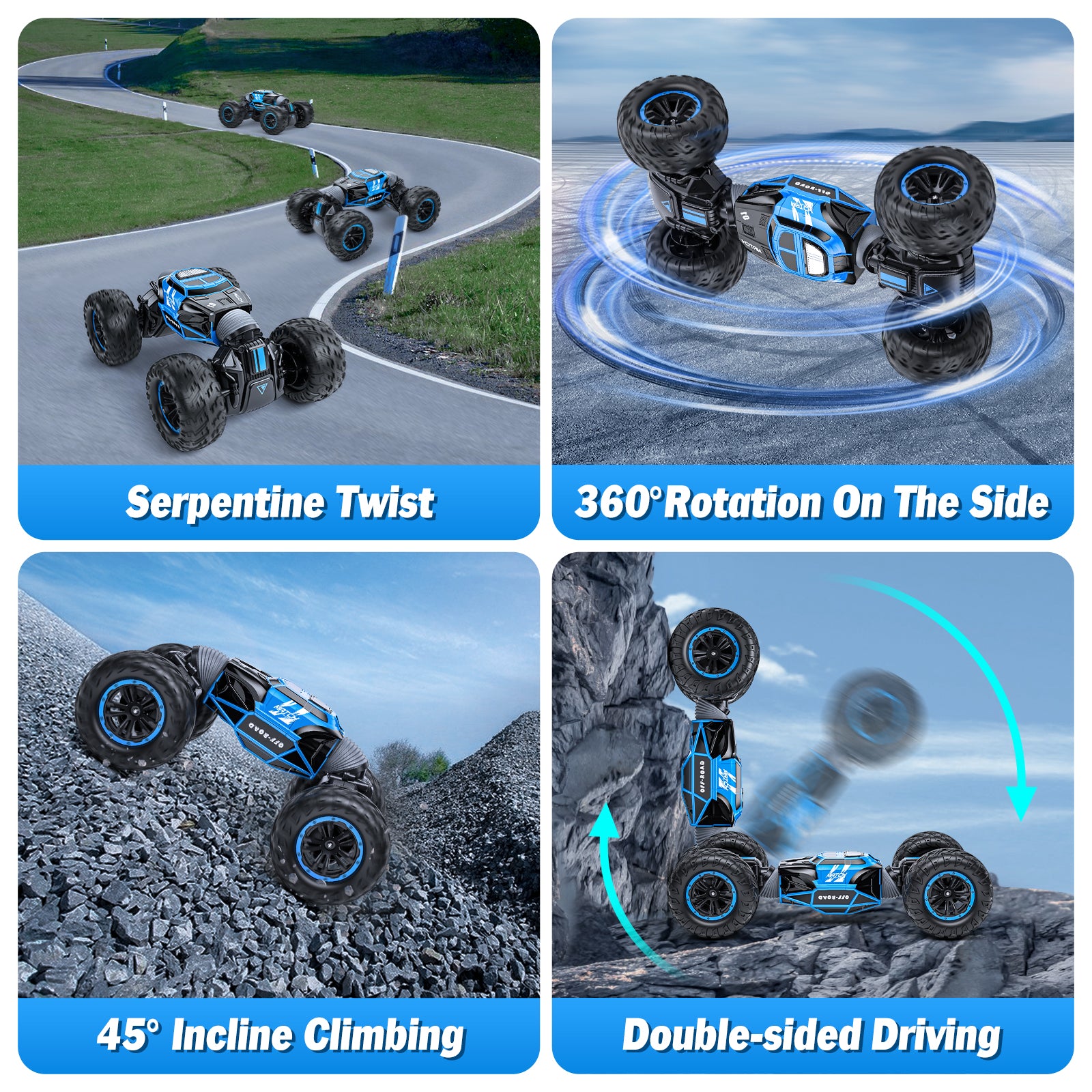 Gesture Sensing 4WD RC Stunt Car for Kids 6–12 – Hand-Controlled Off-Road Drift & 360° Rotation Toy with Lights & Music (Blue)