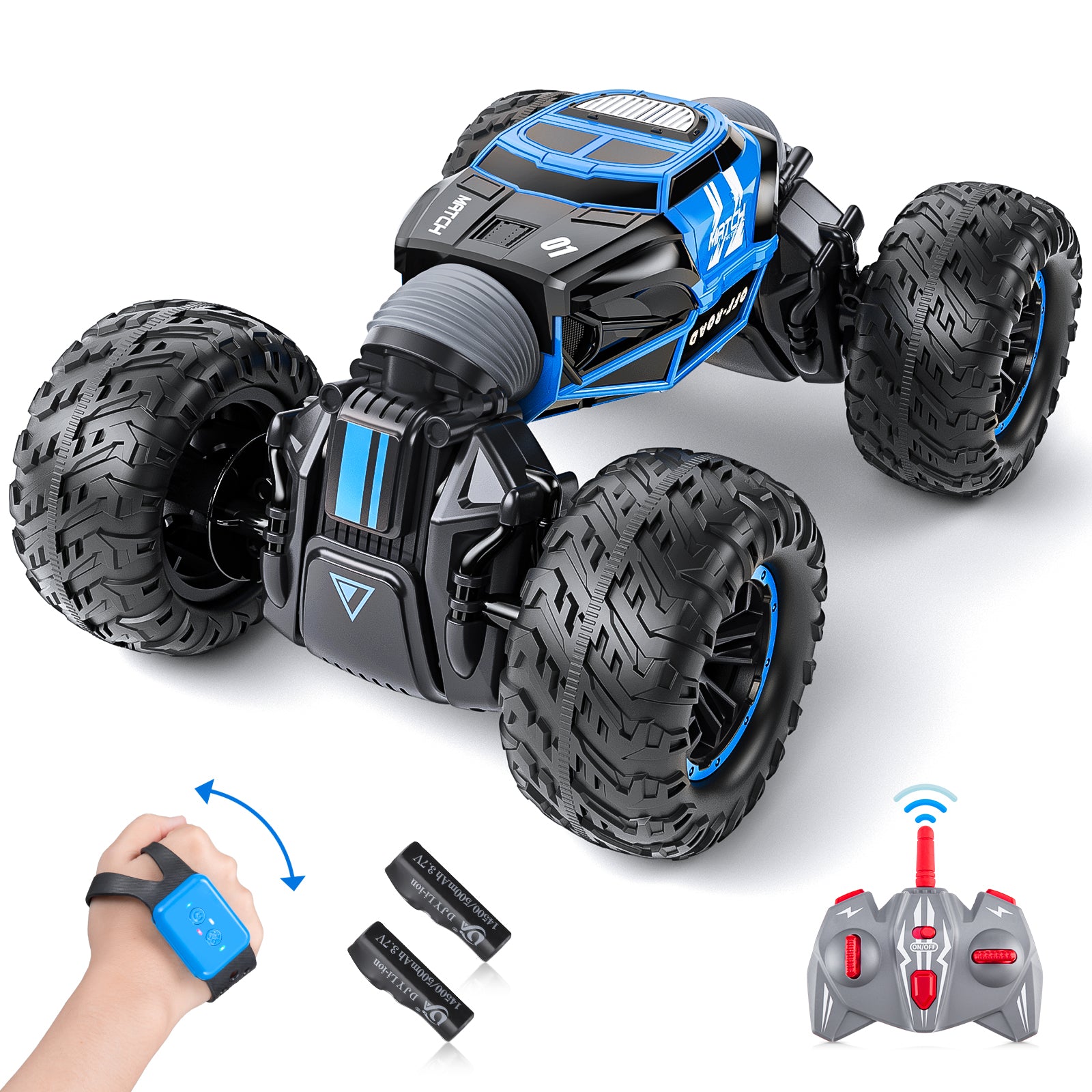Gesture Sensing 4WD RC Stunt Car for Kids 6–12 – Hand-Controlled Off-Road Drift & 360° Rotation Toy with Lights & Music (Blue)